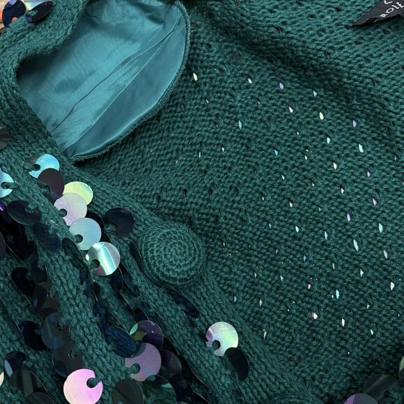 VTG 80s Christmas Party Sequins Festive Green Knit Cardigan Women’s M WICKED - Picture 10 of 12